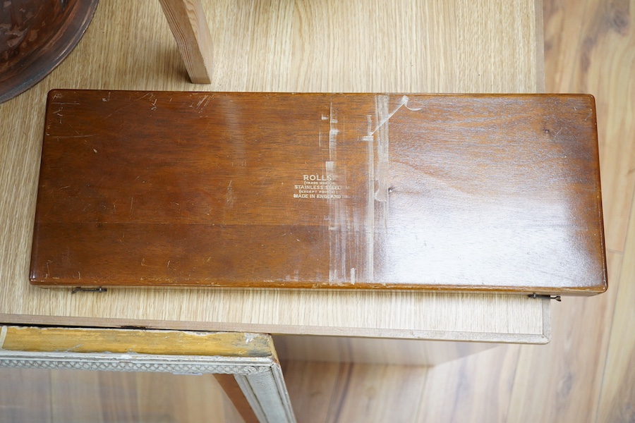A wooden boxed Rolls stainless steel beam compass, box 53cm x 19cm. Condition - box scratched, compass good, no elements missing